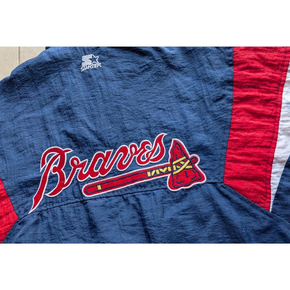 Atlanta Braves 90s STARTER puffer 1/2 jacket TOMAHAWK zip M navy red MLB vintage - Picture 3 of 9